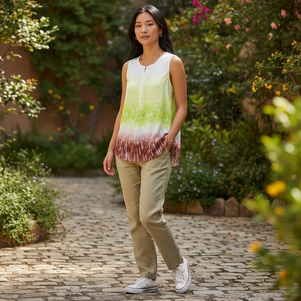 Chaus New York Ombre‎ Zip Front Blouse Green Terracotta Medium Normcore Everyday